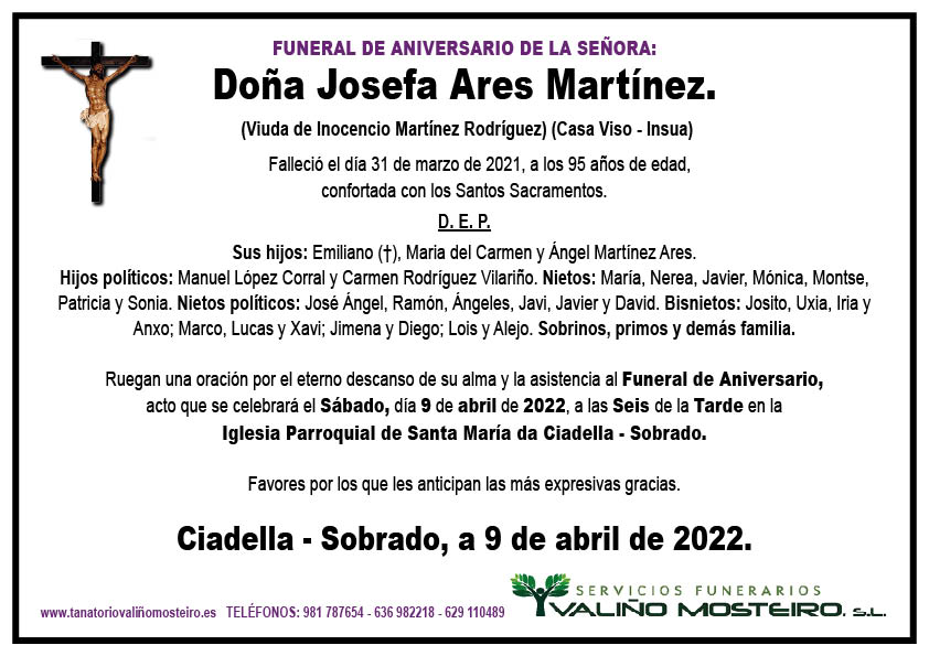 Esquela de Josefa Ares Martínez.